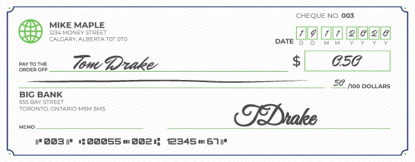 An example of how to write a cheque for less than one dollar.